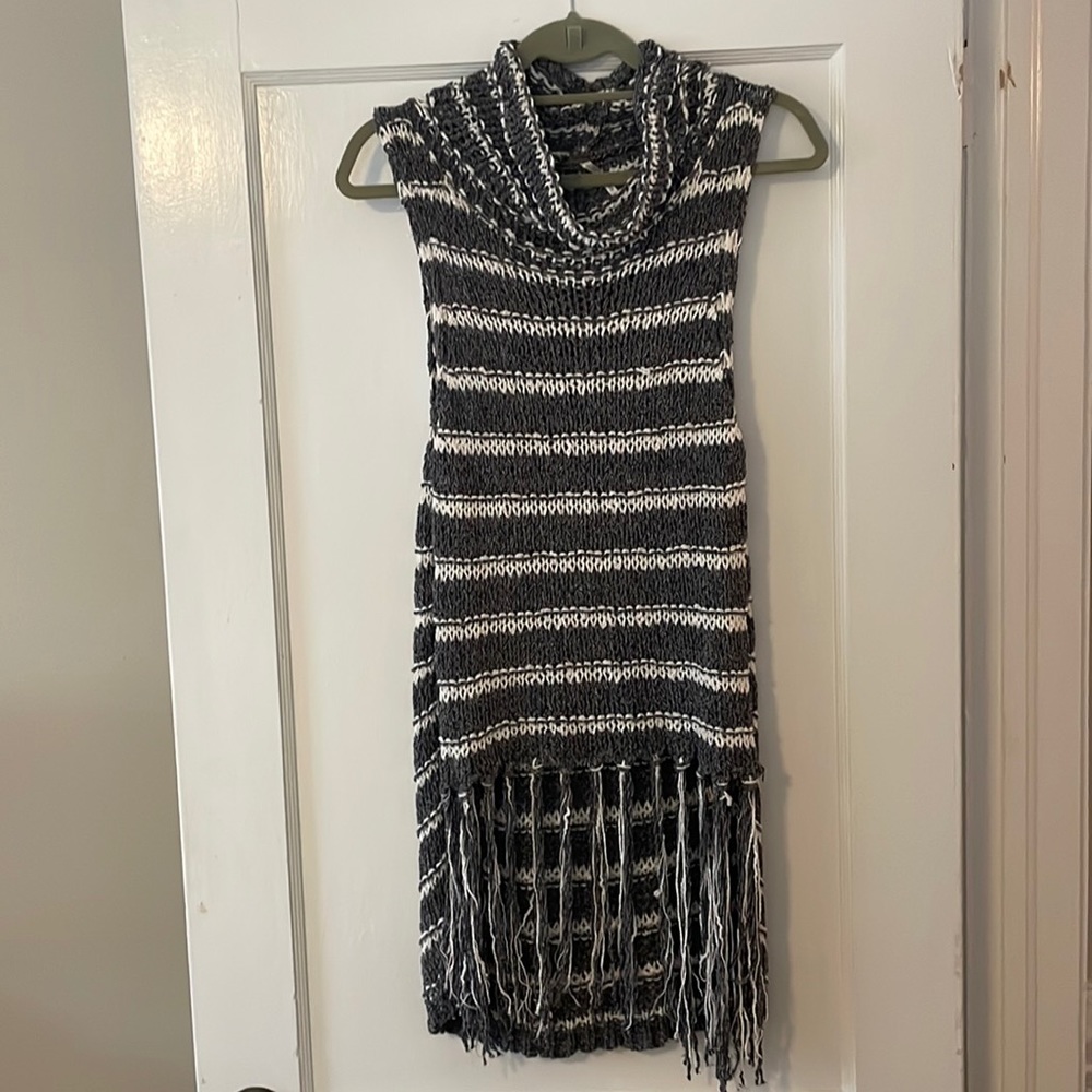 Free people striped turtleneck sweater with fringe